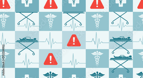 Medical Emergency Icons: ECG, Stretcher, Caduceus, Warning Sign - Seamless Pattern