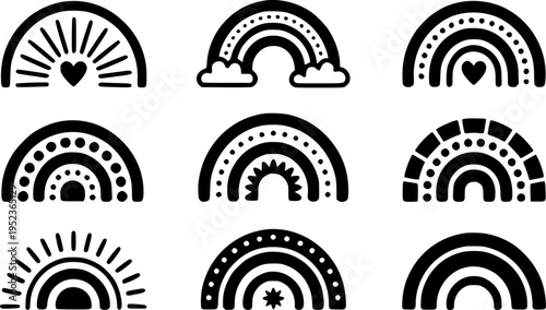 Collection of Black Boho Rainbow with Hearts Sunbursts and Clouds White