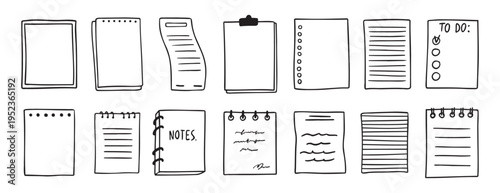 sheets various notebooks doodle hand drawn outline set. paper with stripes or dots, blank collection. Notebooks reminder, memory sketch pages. notes sheet