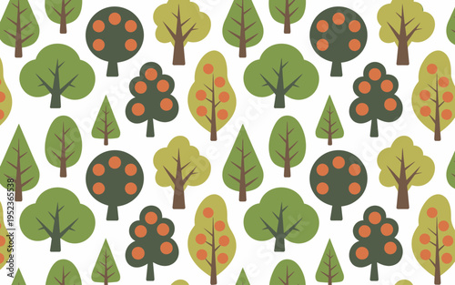 Seamless pattern of stylized trees with orange fruits in various green shades white background