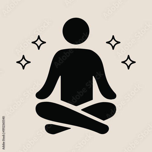 Yoga meditation icon depicting person sitting in lotus pose with stars representing mindfulness peaceful spiritual practice zen wellness mental health balance relaxation exercise and healthy lifestyle