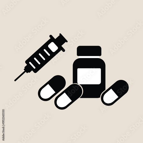 Medical syringe for injections alongside a bottle of pills and two capsules representing various forms of medication for treatment and health