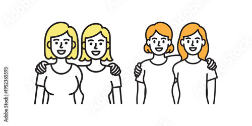 Group of Female Friends Together Line Art Outline People Vector Illustration