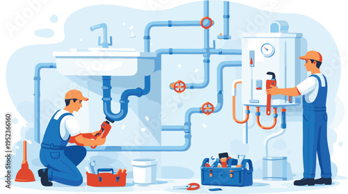 Professional Plumbing Service and Pipe Repair – Flat Vector Illustration
