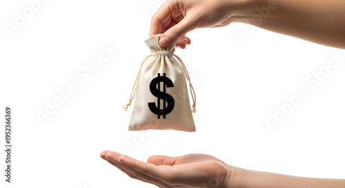 A hand offering a money bag with dollar sign to another hand isolated on white background