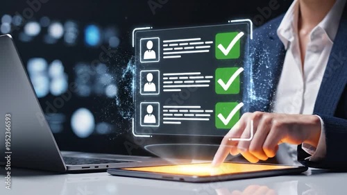 Businessperson interacts with futuristic holographic interface displaying user profiles and completion checkmarks on digital tablet and laptop background dynamic motion