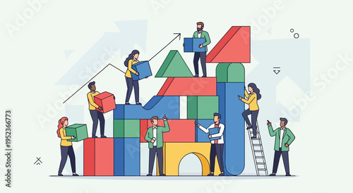Diverse Team of People Constructing a Tall Multi-Level Structure with Colorful Blocks in bright studio