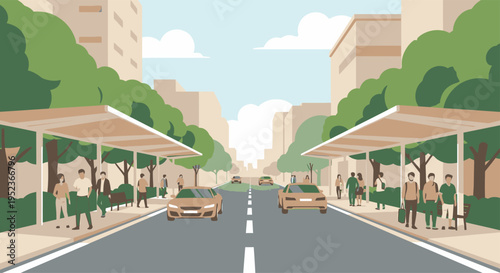 Modern City Street with Bus Stops and People.
