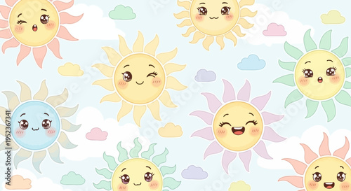 Cheerful Cartoon Suns with Smiling Faces and Soft Clouds in a Bright Blue Sky.