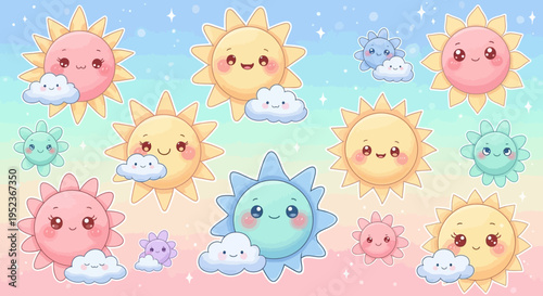 Adorable Cartoon Suns with Smiling Faces and Fluffy Clouds in a Vibrant Rainbow Sky.