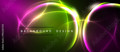 Abstract neon lights form circular shapes. Vivid pinks, greens dominate dark background. Text reads background design. Modern, dynamic visual.