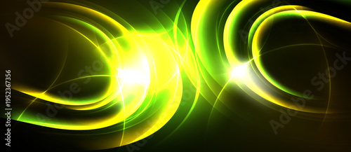 Bright green, yellow curves radiate from central points. Dynamic composition creates energy, visual impact. Dark background enhances luminosity.