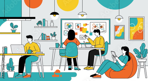 Creative Young People Collaborating and Working in a Modern Colorful Coworking Space.