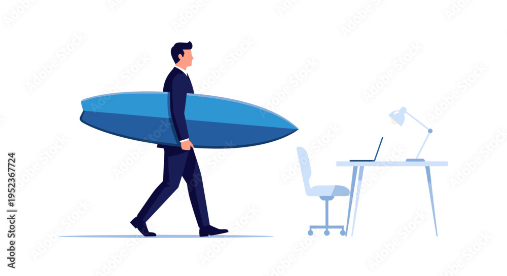 Obraz premium Businessman carrying a surfboard, ready for a break from work.