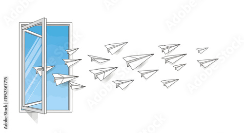 Paper airplanes flying out of an open window into the blue sky.