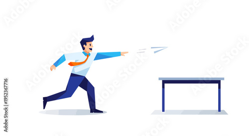 Businessman in a white shirt and blue pants throwing a paper airplane.