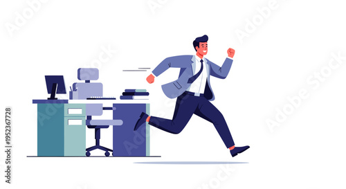 Businessman running fast, hurrying to meet a deadline or escape.