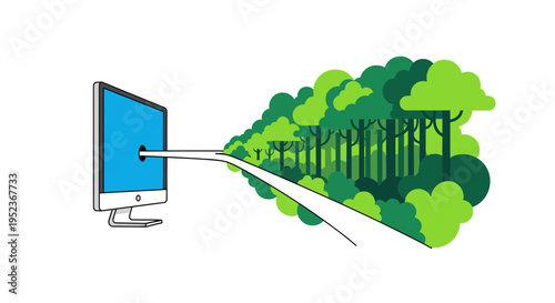 Digital forest emerging from computer screen illustration.