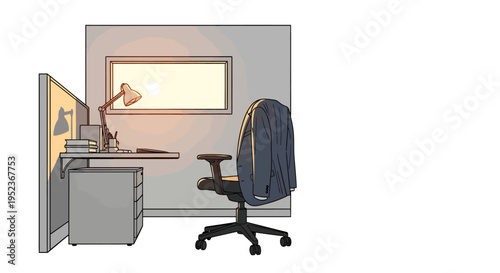 Empty office desk with computer monitor and ergonomic chair.