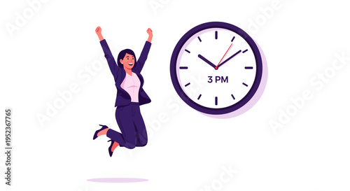 Excited businesswoman jumping with joy next to a clock showing 3 PM, celebrating early finish.
