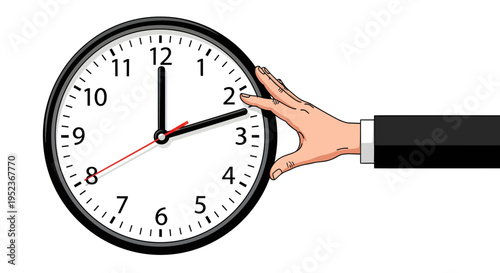 Hand adjusting a classic round wall clock, setting the time forward.