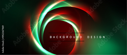 Abstract neon lights create circular patterns. Dark background emphasizes vibrant green, red glows. Modern design element.
