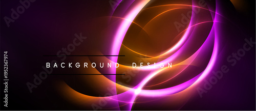 Abstract neon swirls, vibrant purple, orange hues. Dark background emphasizes glowing lines, modern design element. Background text reads background design.