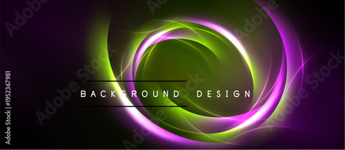 Abstract design features glowing circles, purple, green hues. Dark background emphasizes bright swirls, text reads background design.