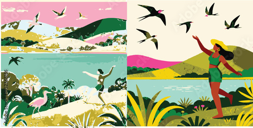 Tropical Landscape with Woman Enjoying Nature and Birds, Eco Travel Freedom Concept Illustration