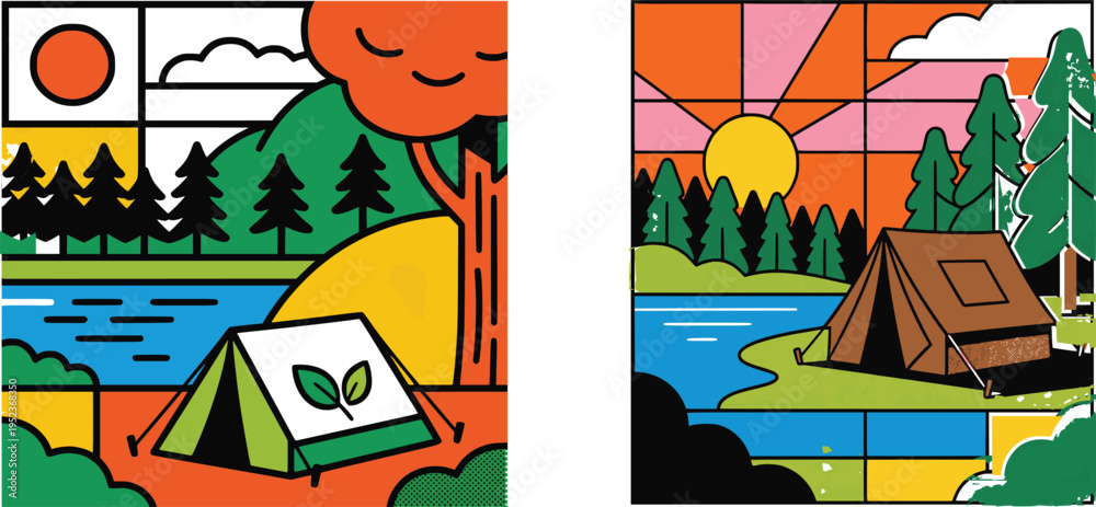 Obraz premium Modern Camping Split Scene Illustration | Day and Sunset Outdoor Adventure