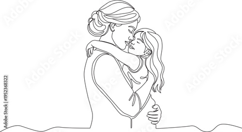  A simple line drawing of a mother and daughter embracing and kissing on a plain white background with a wavy line victor illustration