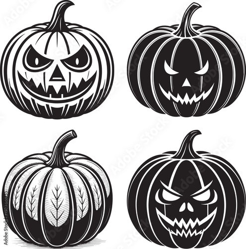 Four black and white carved halloween pumpkins jack o lanterns with scary faces msea set