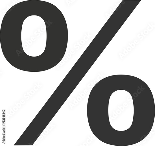 Zero percentage symbol composed of two large black digits and a diagonal slash. Vector, illustration