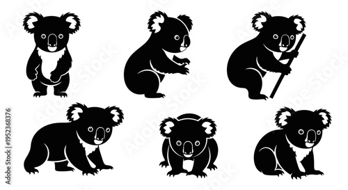 Set of Black Silhouette Koala Icons on White Background, Cute Australian Animal Poses