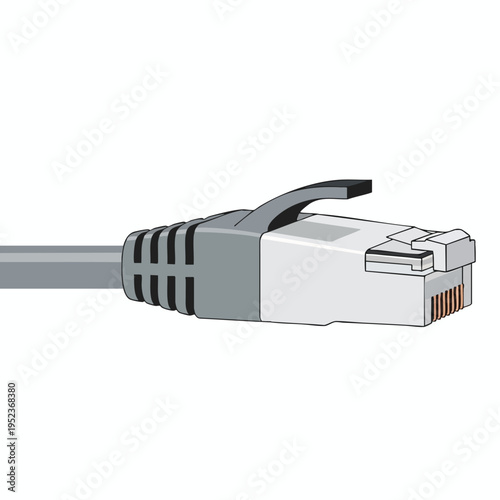 Close up of a grey ethernet cable connector with copper pins on white background