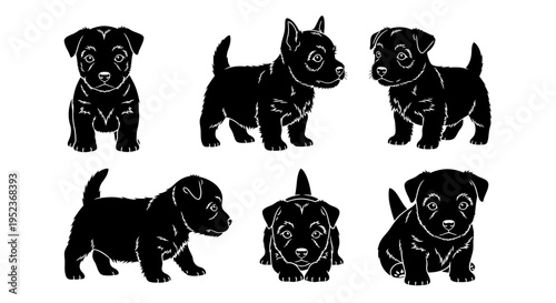 Set of Black Silhouette Puppies, Cute Dog Poses, Vector Graphics