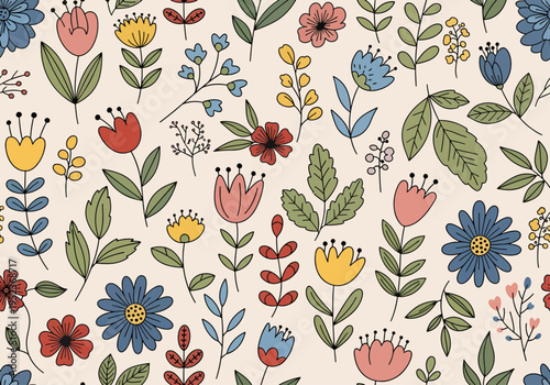 Soft pastel botanical artwork with playful shapes and repeating floral elements in a balanced layout