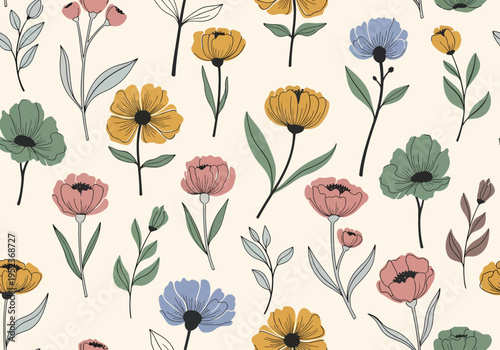 Seamless garden pattern with stylized flowers and leaves forming a cohesive and decorative design