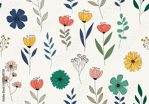 Minimalist flower illustration with clean lines and soft hues in a seamless decorative design