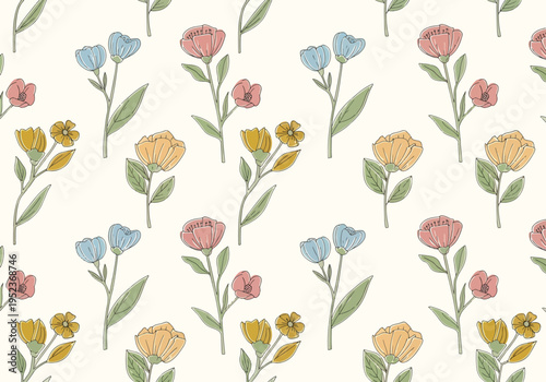 Hand-drawn botanical pattern featuring whimsical flowers and foliage in a cohesive decorative layout