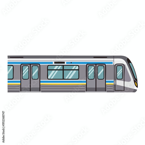 Modern train car with blue and yellow accents, reflective windows, and sleek design