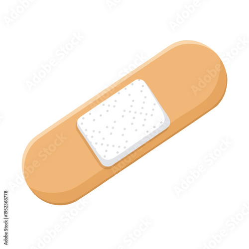A single, tan-colored adhesive bandage with a white gauze pad is isolated on a white background