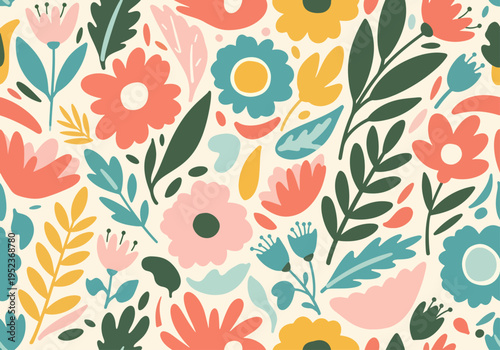 Stylized botanical pattern with charming flowers and leaves creating a calm and balanced visual rhythm