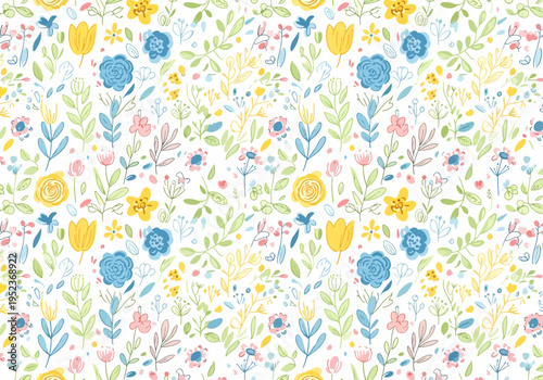 Artistic botanical arrangement with stylized blooms and leaves in a seamless and aesthetically pleasing composition