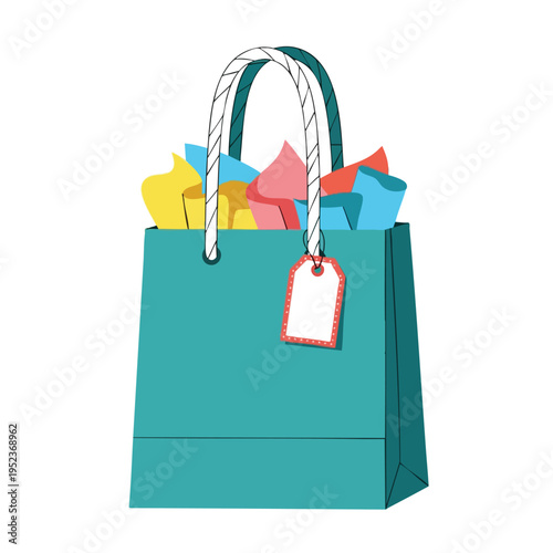 Teal gift bag with colorful tissue paper and a decorative tag