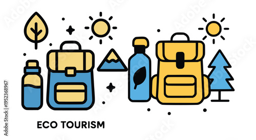 Eco Tourism Travel Kit with Backpack and Reusable Bottle Flat Vector Illustration