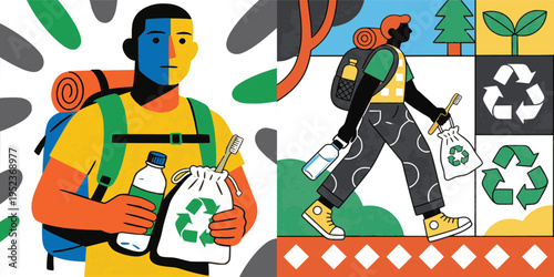 Eco Tourism Travel Kit with Backpack and Reusable Bottle Flat Vector Illustration