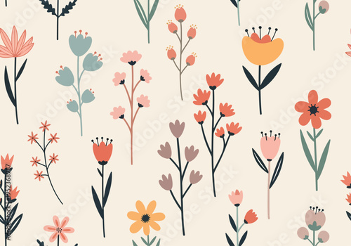 Gentle floral composition featuring simple shapes and soothing colors arranged in a seamless repeat design