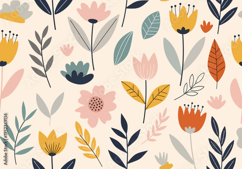 Handcrafted botanical pattern with whimsical flowers and leaves forming an elegant composition