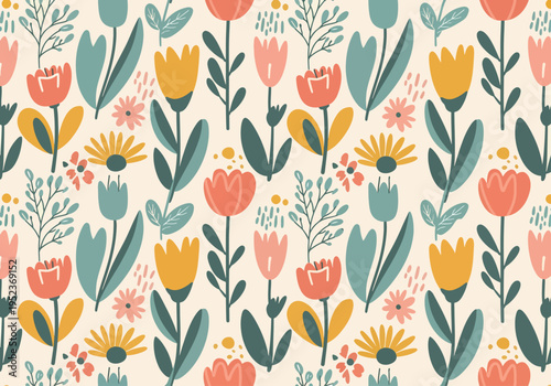 Modern floral artwork with minimal shapes and soft colors forming a stylish repeating background